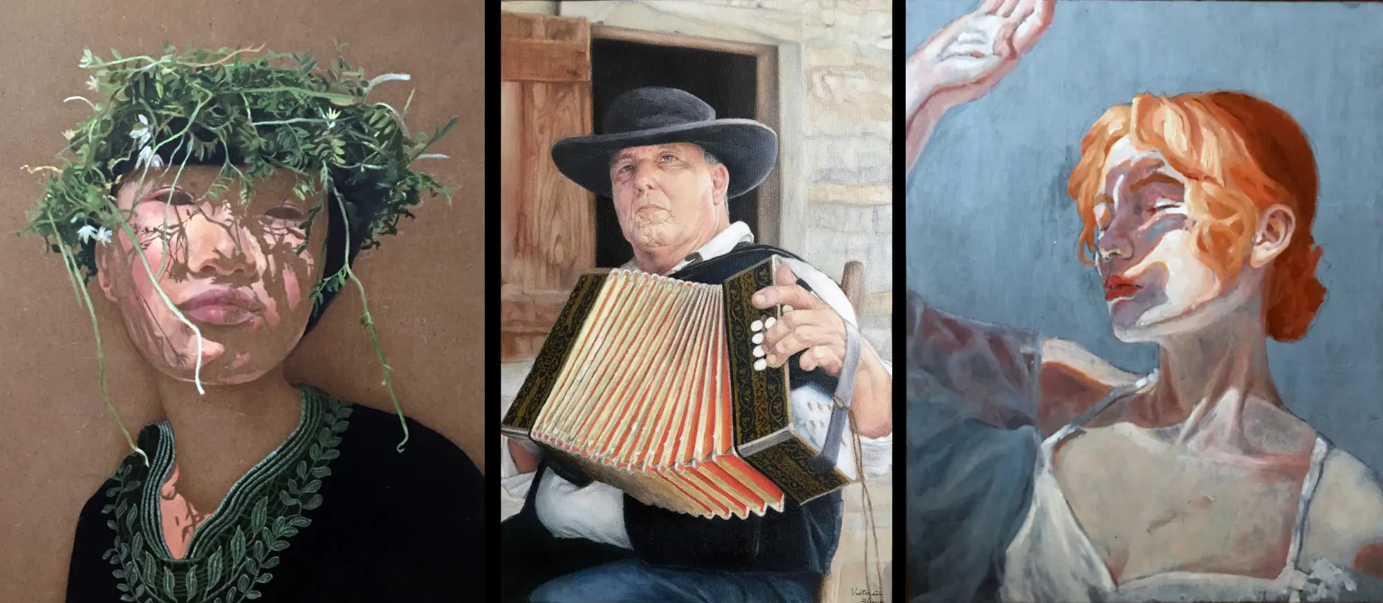 arylic painting of girl wearing a crown of plants, oil painting of a older cowboy playing an accordion, oil painting of a red haired girl with her hand raised to shade her face