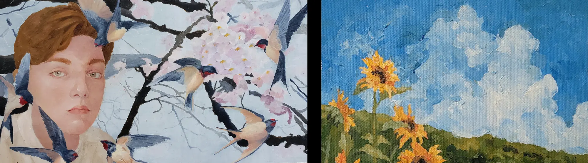 oil painting of young boy with swallowtails flying around him, oil painting of sunflower field against a blue cloudy sky