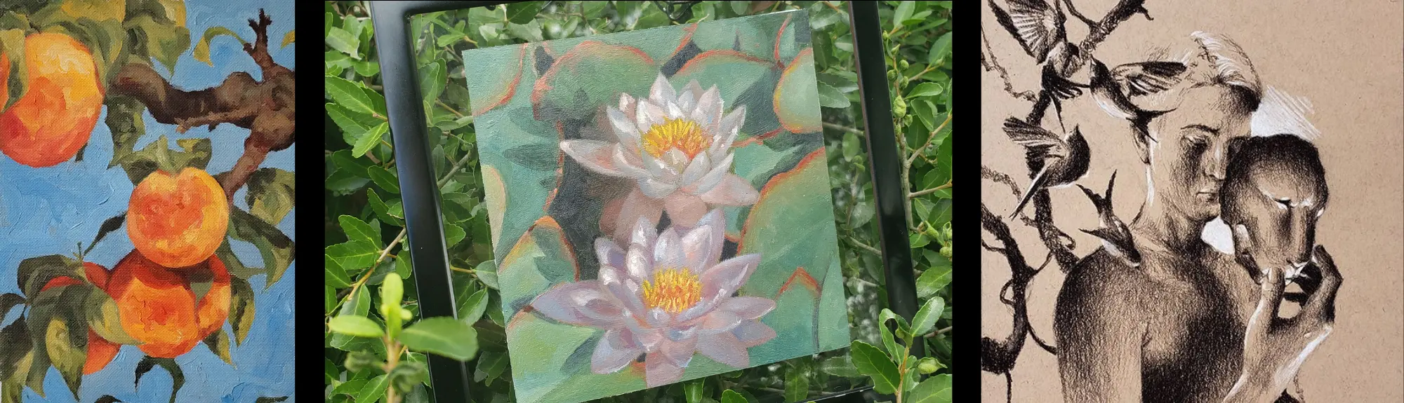 oil painting of peaches hanging from a leafy branch, oil painting of water lillies and lilypads, charcoal artwork of a young man solemnly holding a lion mask 