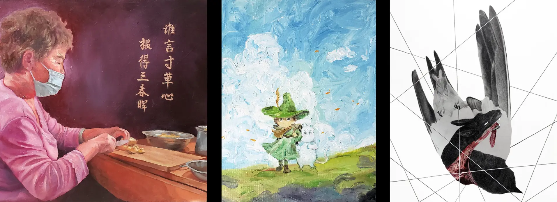 oil painting of older chinese woman wearing a mask and cutting fruit, oil painting of two Moomin characters standing on a windy slope against a cloudy blue sky, charcoal and pencil illustration of a dog tearing meat contained inside the shape of a falling swallowtail