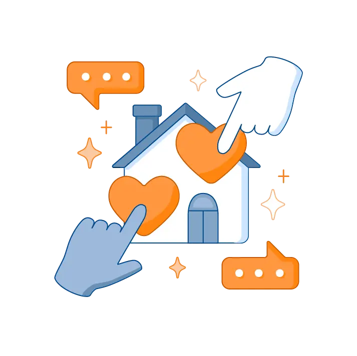 Vector illustration of hand tapping heart icon on top of a home surrounded by messaging bubbles